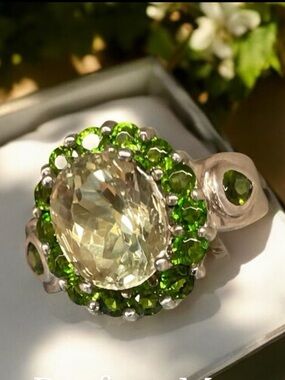 Elegant Prasiolite and Tsavorite Garnet Ring set in Sterling Silver    size 5.25